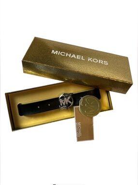 Michael Kors Black Faux Leather Polished Nickle 25mm Reversable Pave Logo Belt